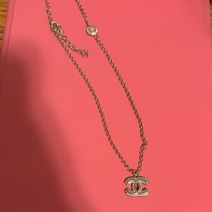 Gold-Tone CC Pendant Necklace with Pink Cabochon Accent